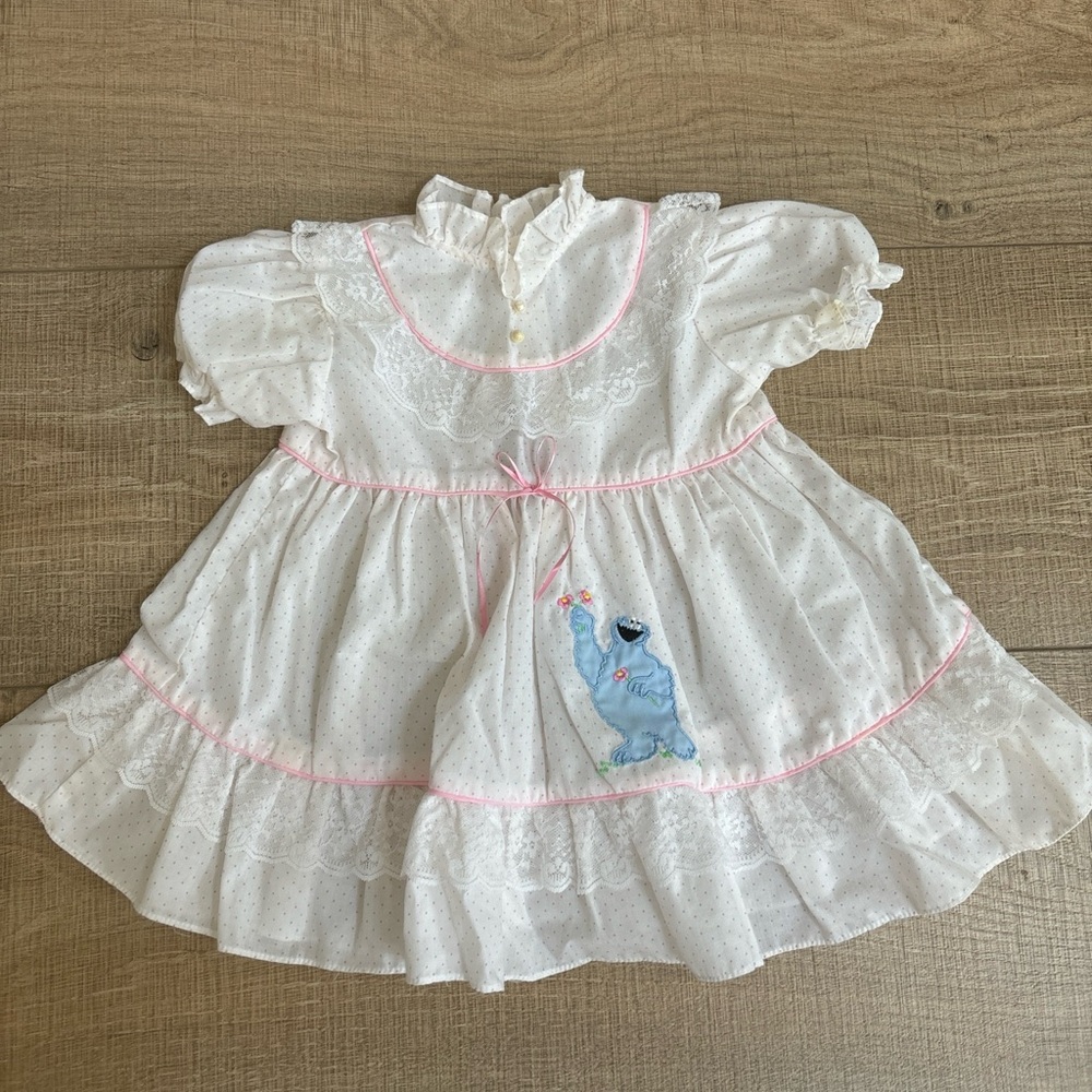 Vintage Sesame Street Girls Dress Cookie Monster Dot Lace Trim Ruffle Neck 3T